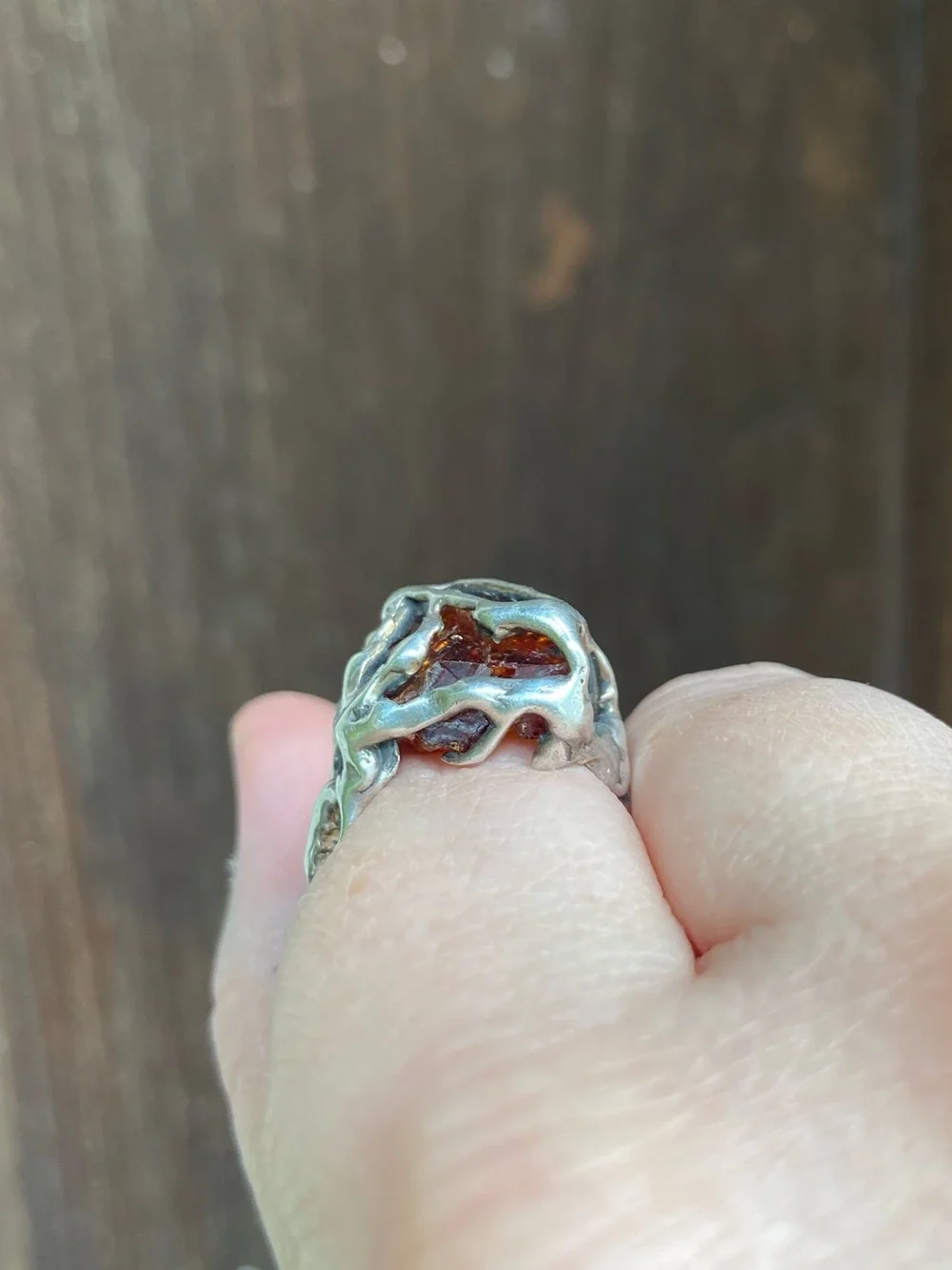 Sterling Silver Amber Brutalist Ring - Vintage
